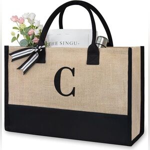 Black & Tan Personalized Initial Jute/Canvas Tote Bag